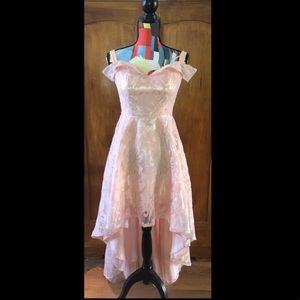 Pink lace off-the-shoulder waterfall skirt dress